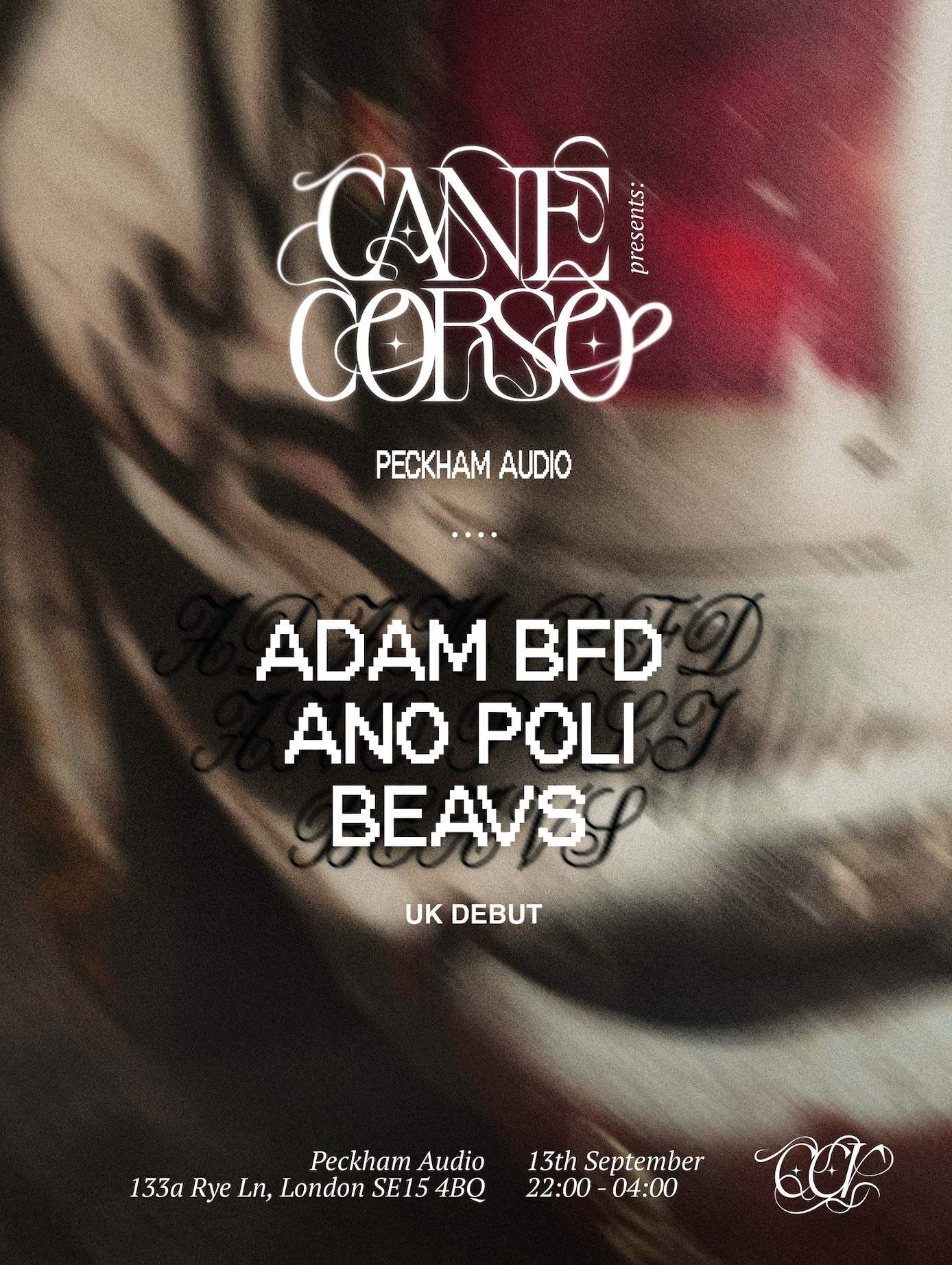Cane Corso presents: Adam BFD, Ano Poli, Beavs at Peckham Audio, London