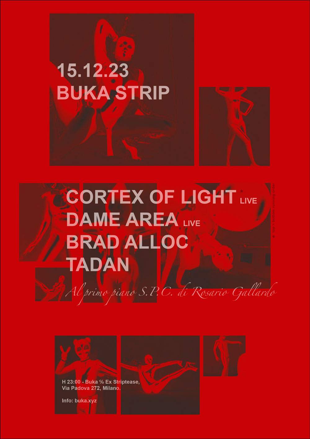 BUKA - Strip: Tadan, Brad Alloc, Dame Area (live), Cortex Of Light (live) - フライヤー表