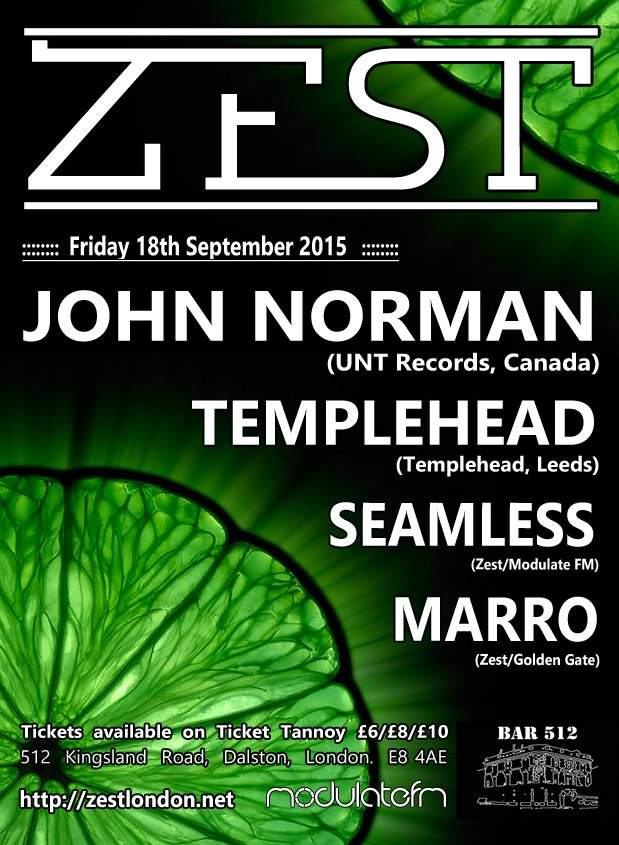 Zest with John Norman (UNT/KMS/Frequenza) Templehead (Megadog) and Residents - フライヤー裏