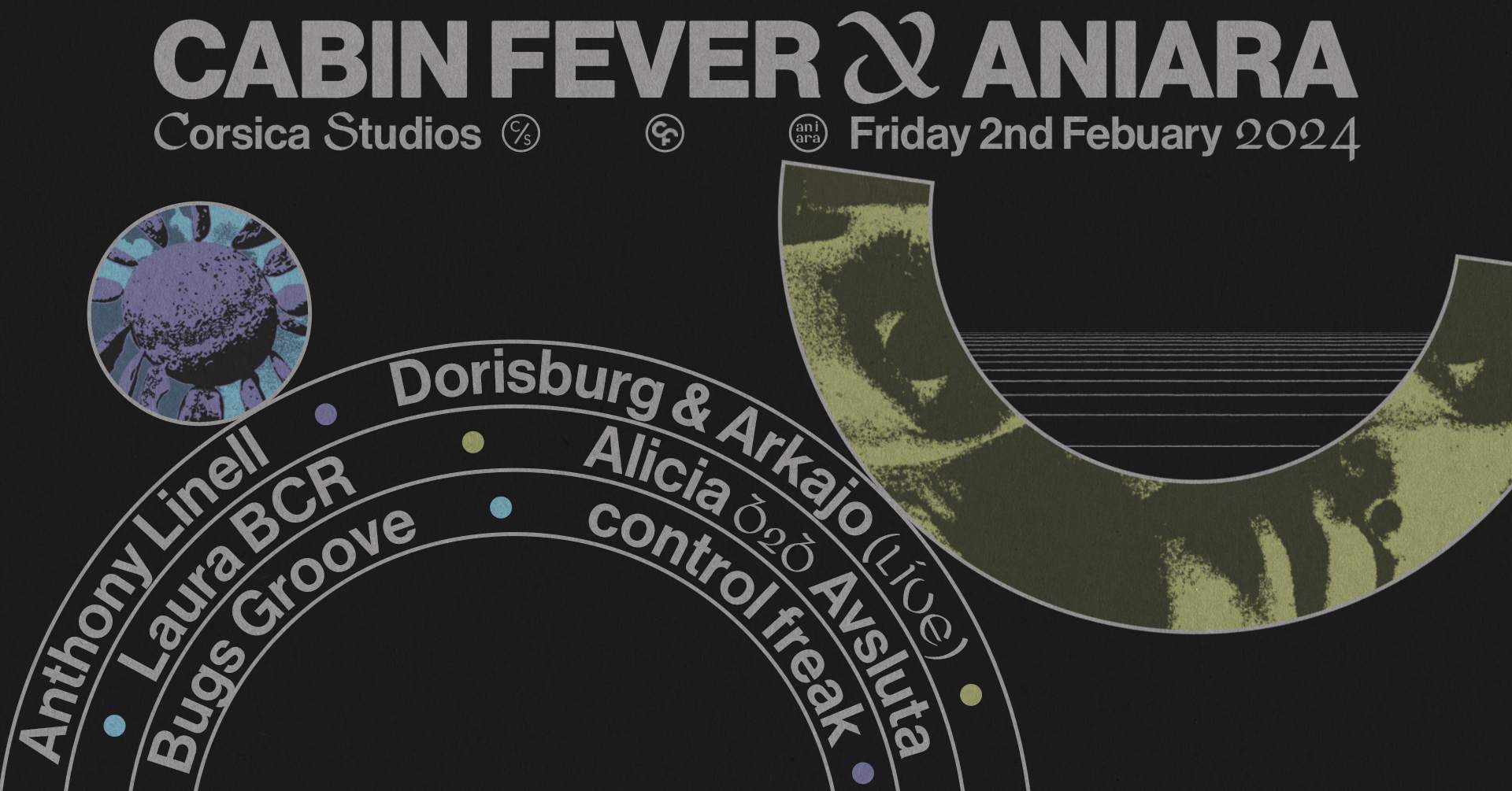 Cabin Fever x Aniara: Anthony Linell, Dorisburg & Arkajo (live), Laura BCR  - Página frontal