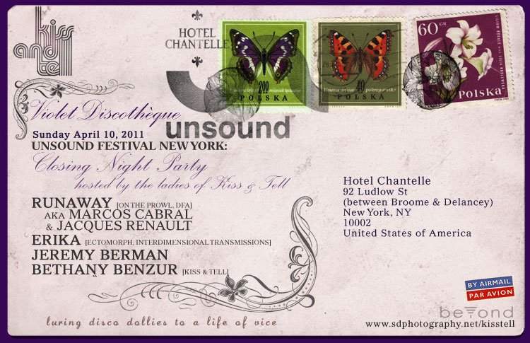 Kiss & Tell: Violet Discothèque - Unsound Festival New York Closing Party with Runaway, Erika Sherman, Jeremy Berman, Bethany Benzur - Página frontal