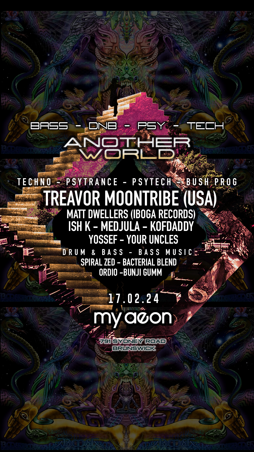 Another World - Treavor Moontribe (USA) ✯ February 17 ✯ Psytrance - DNB - Techno - フライヤー表