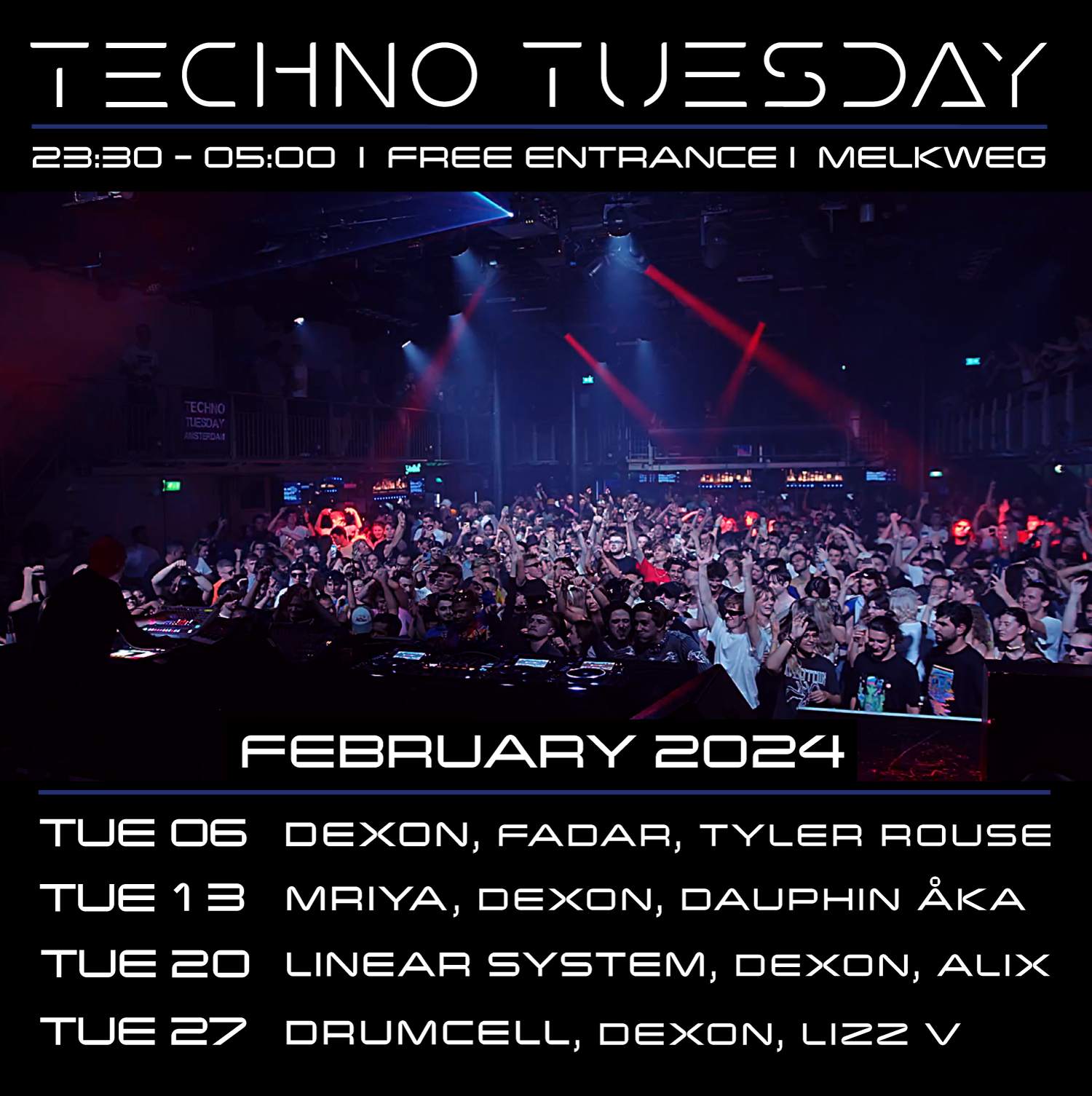 Techno Tuesday Amsterdam, Dexon, FADAR, Tyler Rouse - フライヤー裏
