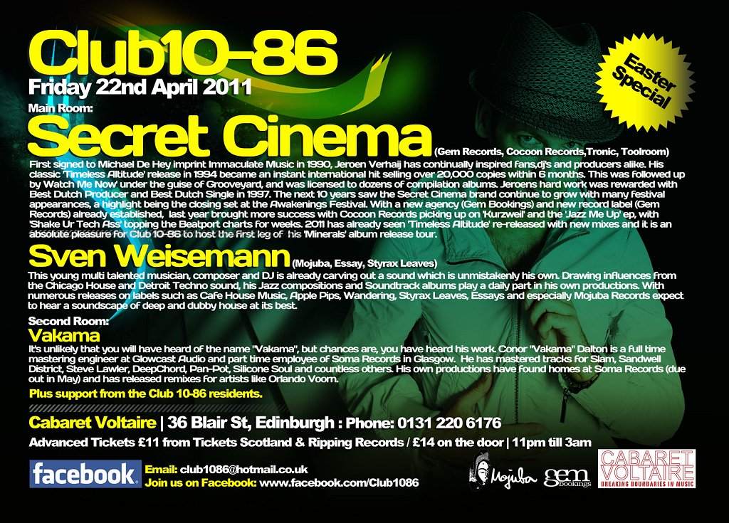 Club 10-86 presents Secret Cinema, Sven Weisemann & Vakama - フライヤー裏