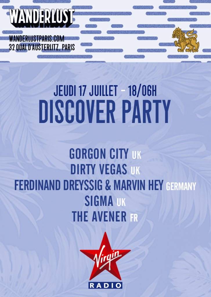 Discover Party: Gorgon City • Dirty Vegas • Ferdinand Dreyssing & Marvin Hey • Sigma • The Aven - フライヤー表