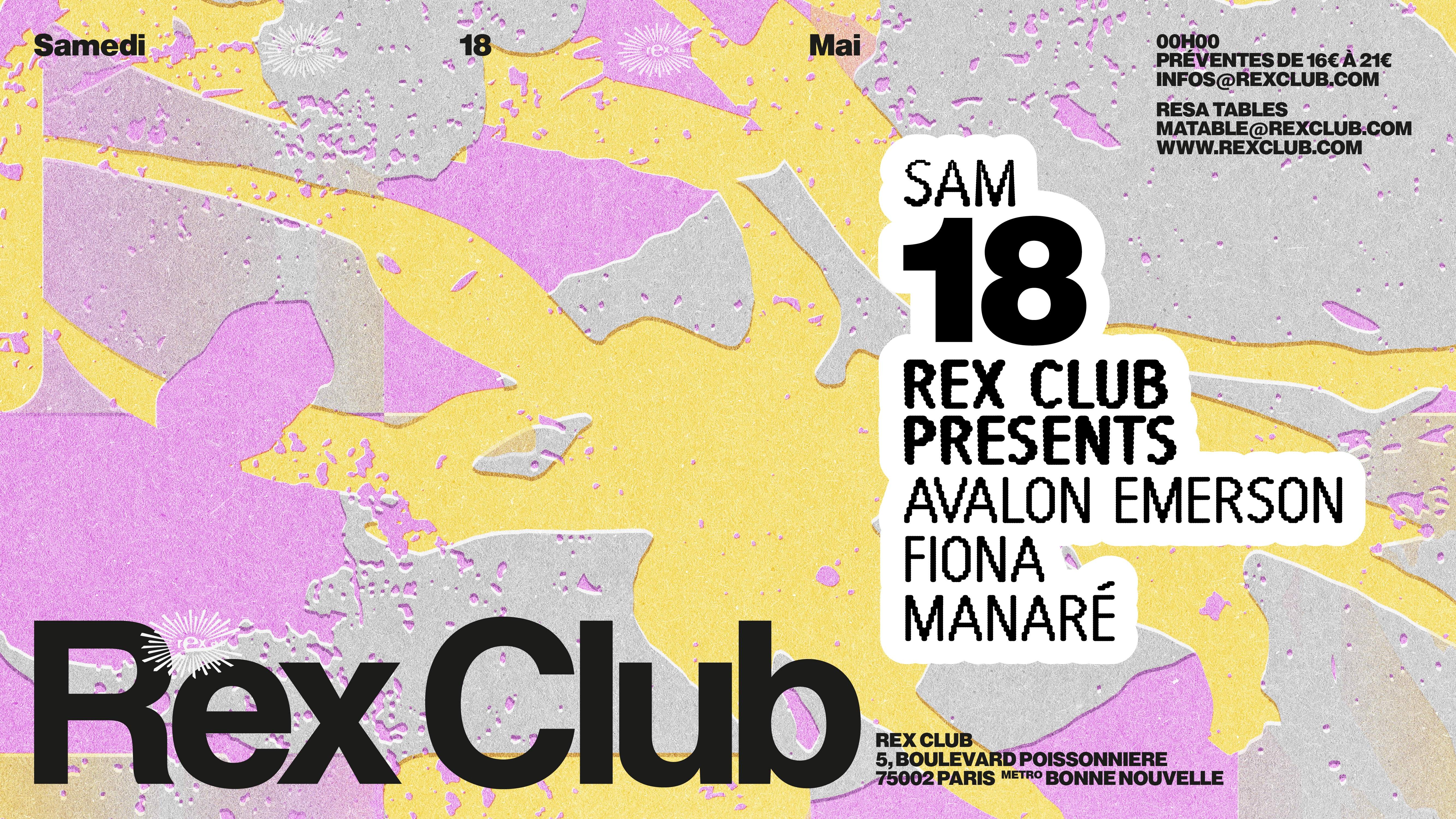 Rex Club presents: Avalon Emerson, FIONA, Manaré - フライヤー表