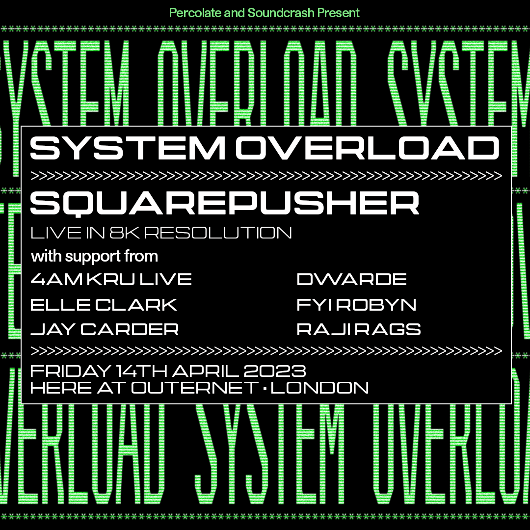 SYSTEM OVERLOAD: Squarepusher Live, 4am Kru, Dwarde, Jay Carder - Página frontal