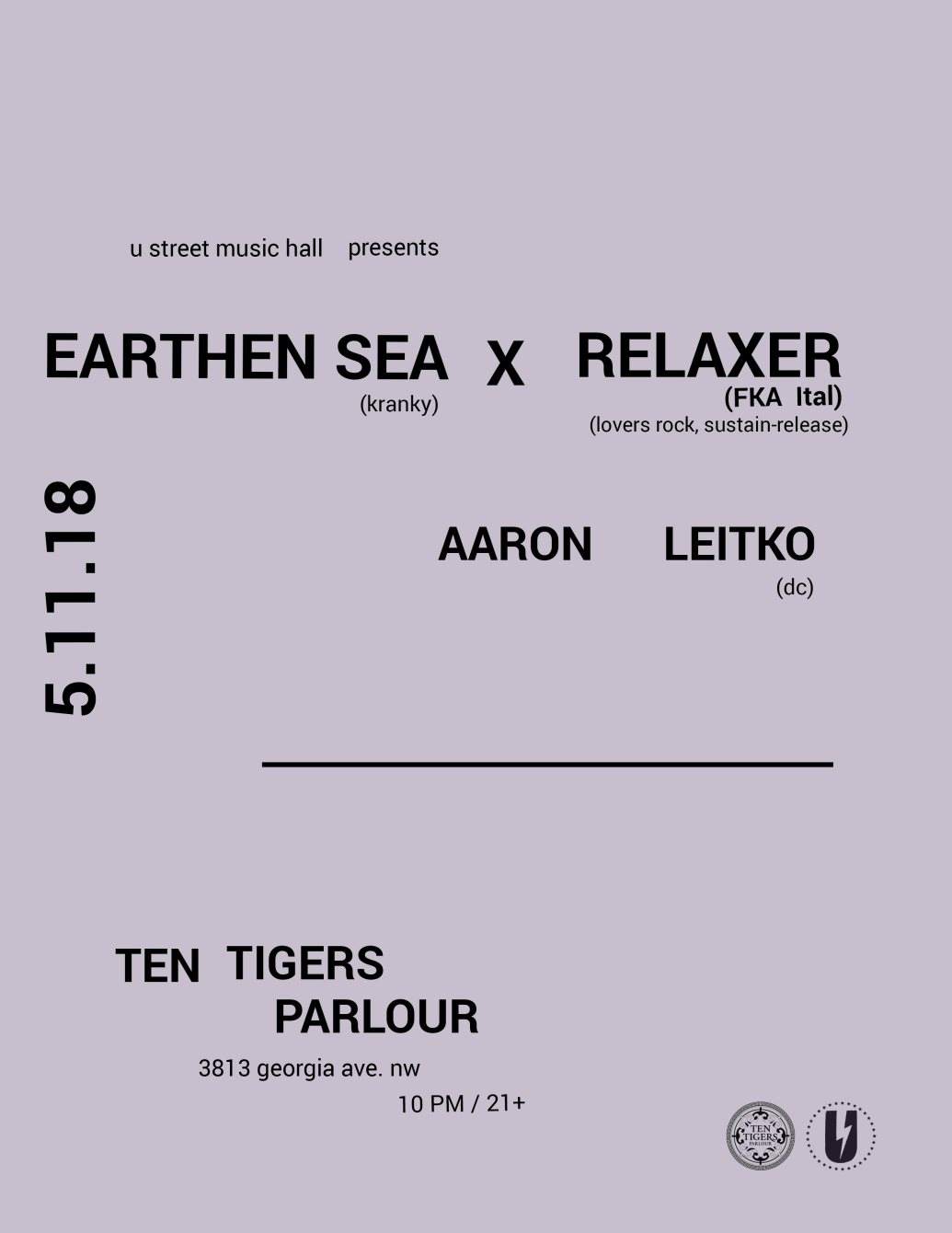 U Street Music Hall presents: Earthen Sea, Relaxer, Aaron Leitko - Página frontal