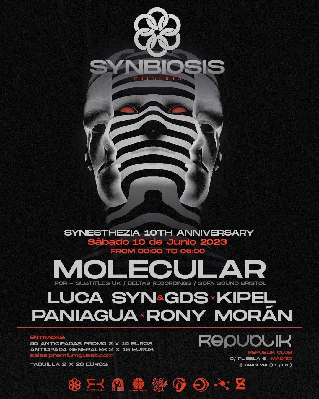 Synbiosis drum&bass feat. MOLECULAR - SYNESTHEZIA 10th Aniversary - フライヤー表