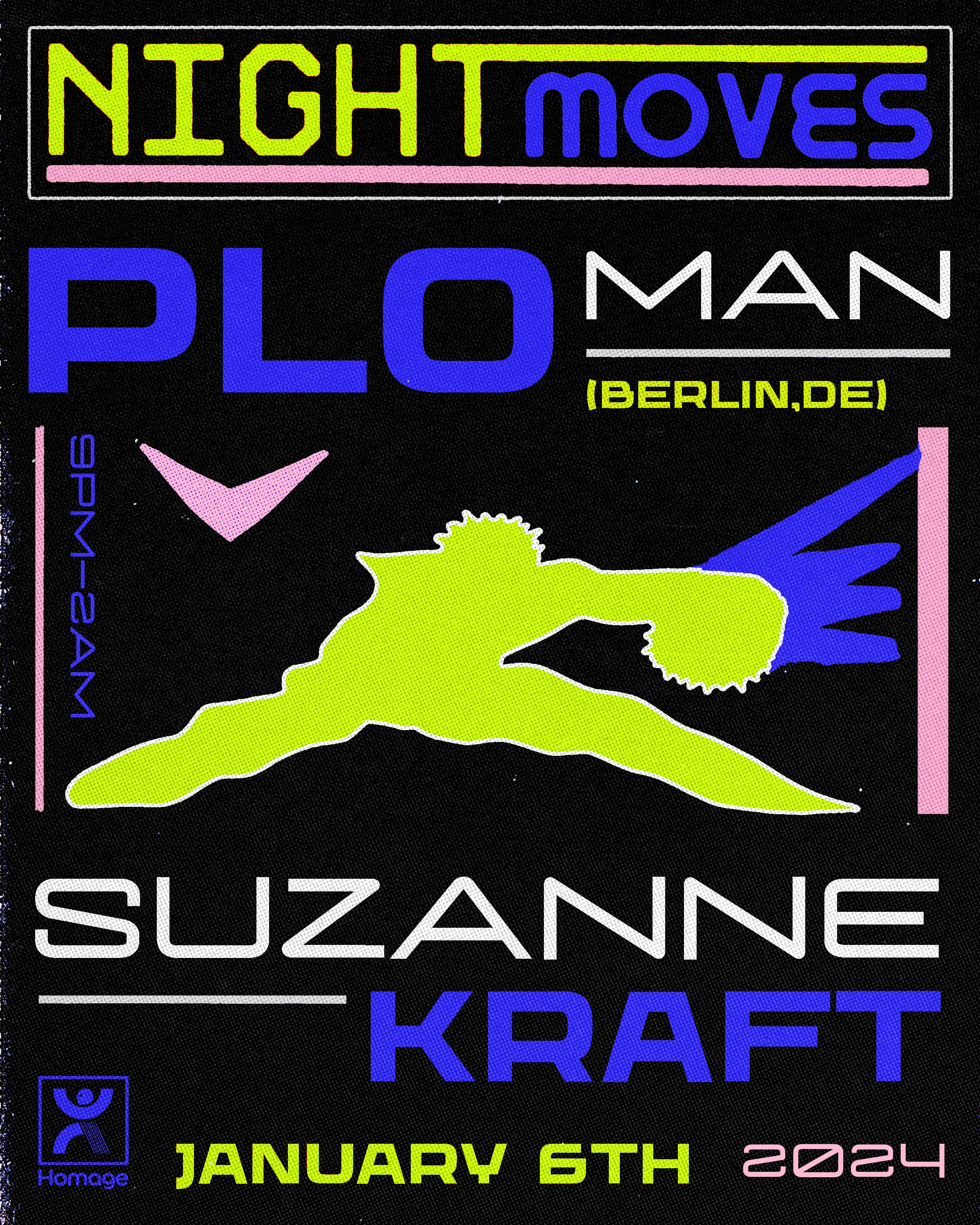 Night Moves feat. PLO Man and Suzanne Kraft - フライヤー表
