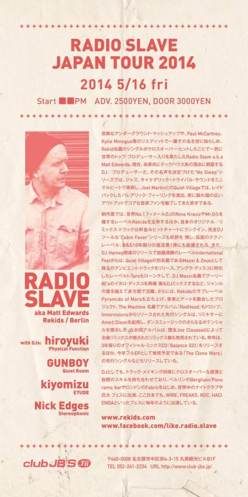 Radio Slave Japan Tour 2014 - フライヤー裏
