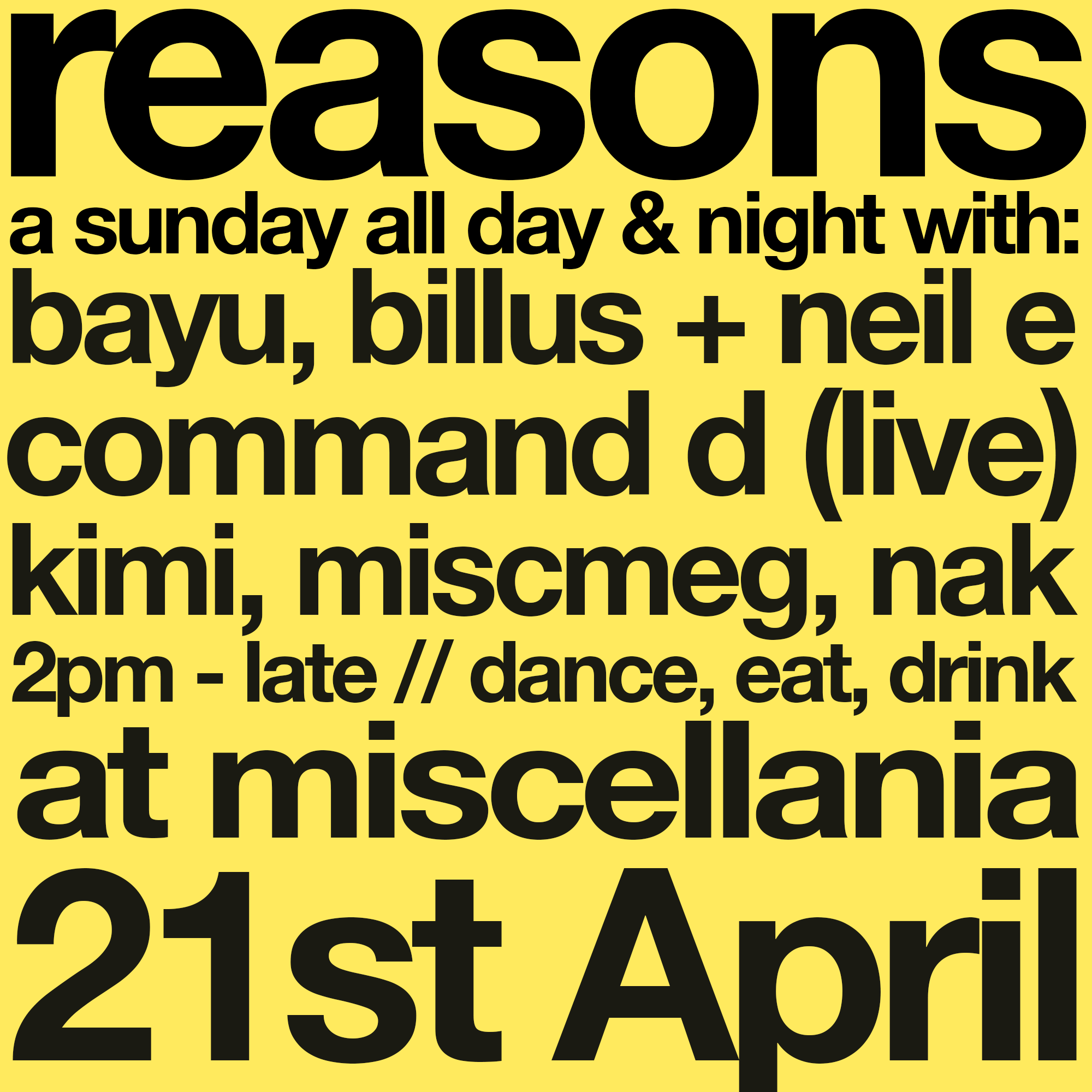 Reasons - Bayu, Billus, Command D (Live), Kimi, Miscmeg, Nak, Neil E - Página frontal