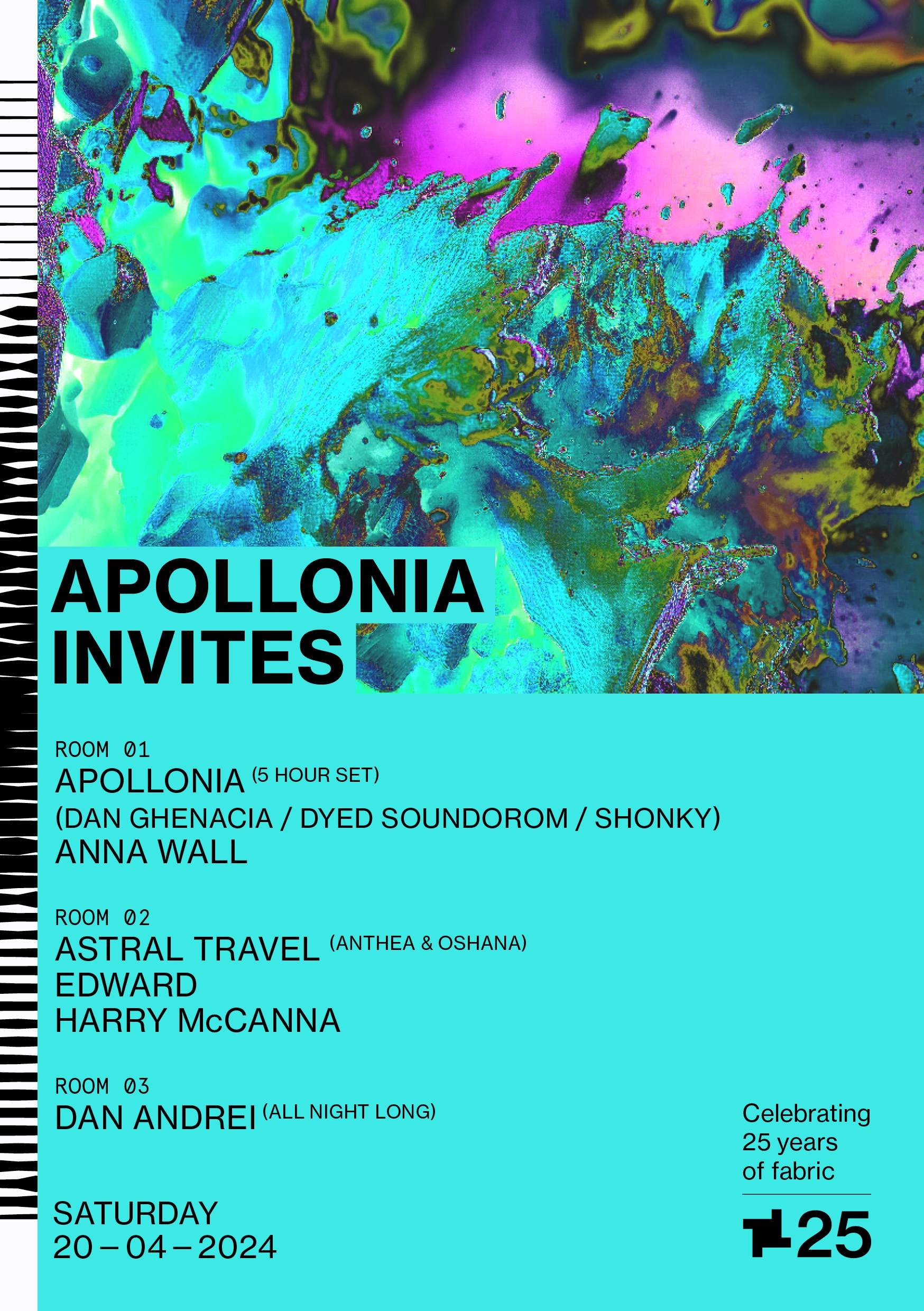fabric25: Apollonia Invites: Shonky, Dyed Soundorom, Dan Ghenacia, Edward, Astral Travel + more - Página frontal