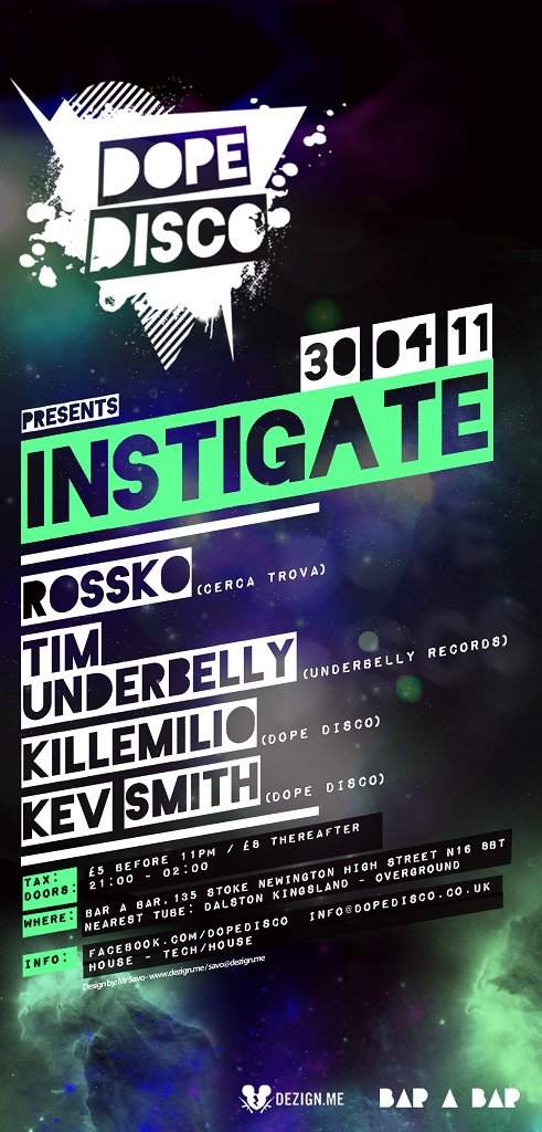 Dope Disco presents Instigate with Rossko & Tim Underbelly - フライヤー表