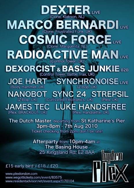 Plex presents... Hydroplex Boat Party feat: Dexter, Marco Bernardi, Cosmic Force, Bass Junkie, Radioactiveman, Dexorcist, Joe Hart, Sync 24 - Página trasera