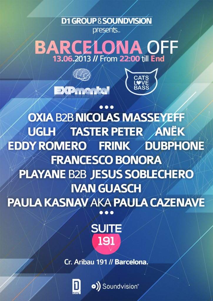 D1 Group & Soundvision presents … Barcelona Off Expmental Records & Catslovebass Showcases - フライヤー表