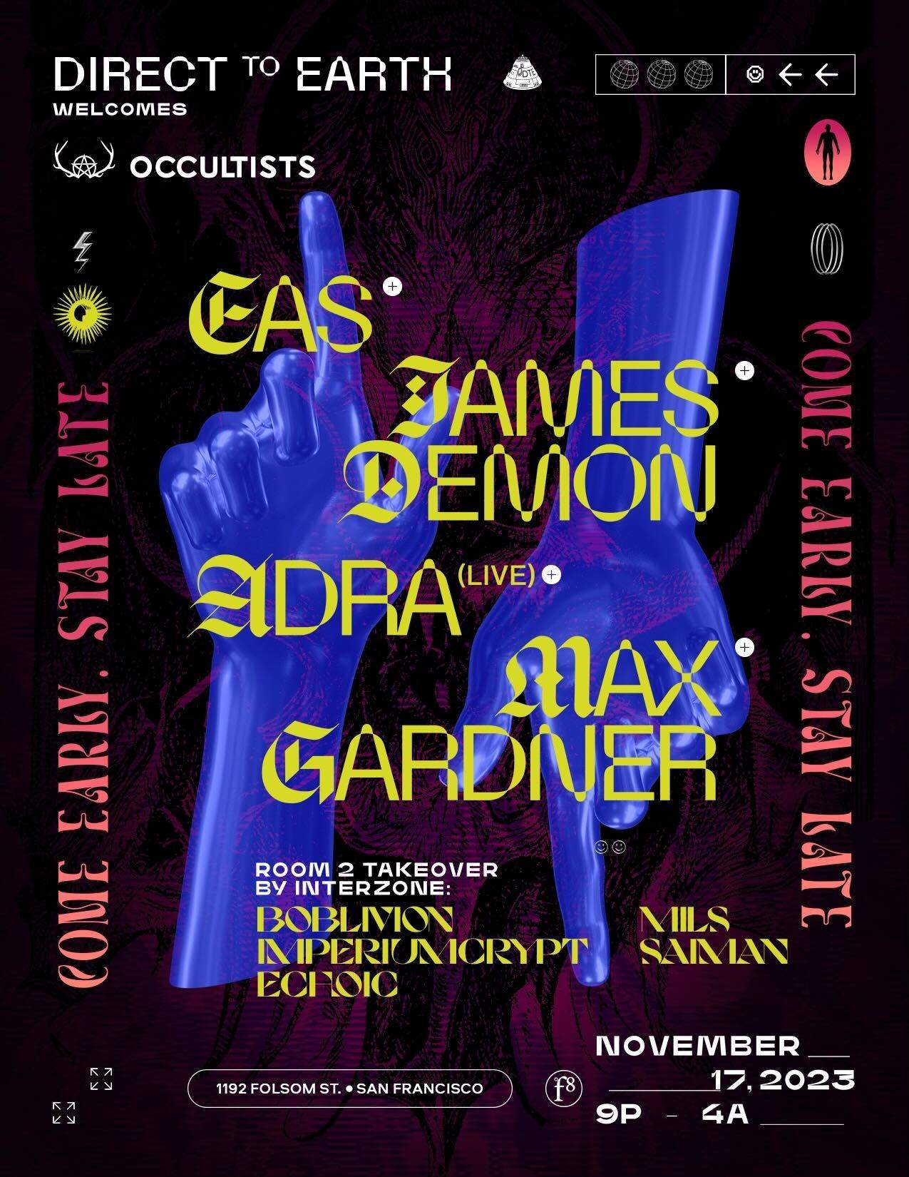 Direct to Earth welcome Occultists with EAS, James Demon, Interzone, Adra (live) & Max Gardner - Página frontal