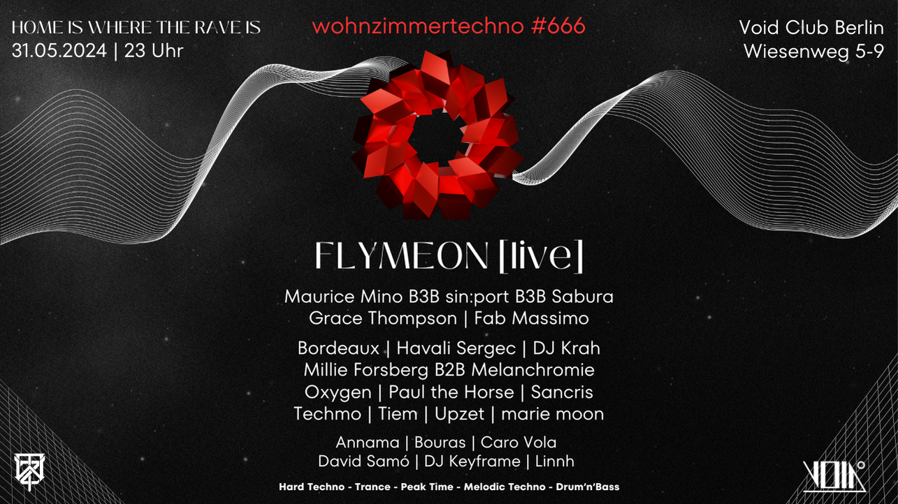 WohnzimmerTechno#666 Flymeon (live), Maurice Mino B3B Sin:port B3B Sabura, Fab Massimo, Grace T - Página frontal