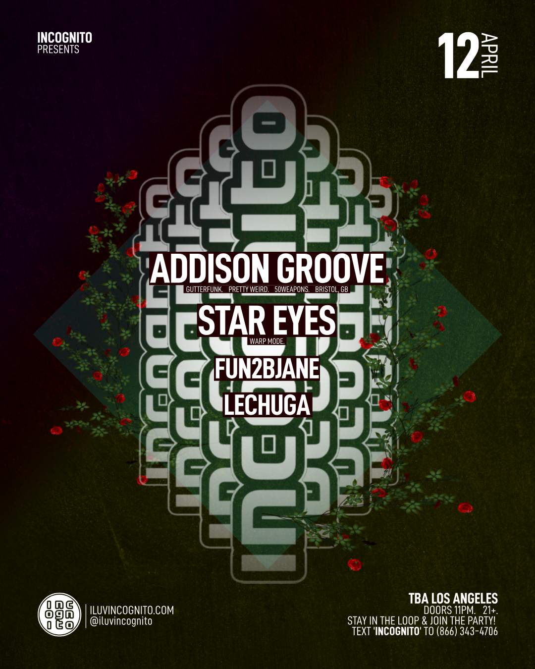 INCOGNITO presents Addison Groove, Star Eyes, fun2bjane, & LECHUGA - フライヤー表