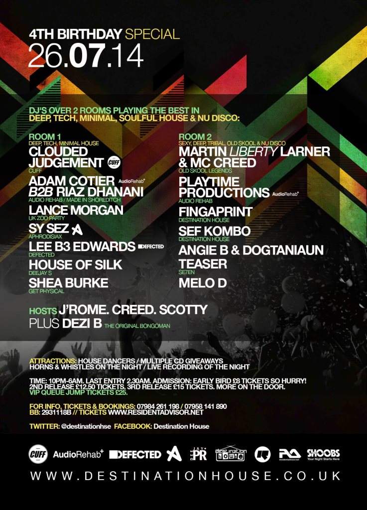 Destination House 4th Birthday with Cuff, Adam Cotier, Lance Morgan, B3, Sy Sez & More - フライヤー裏