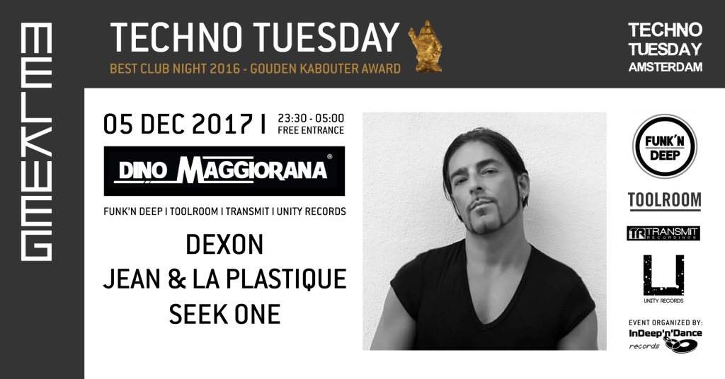 Techno Tuesday Amsterdam - Dino Maggiorana (IT), Dexon (NL) - フライヤー表
