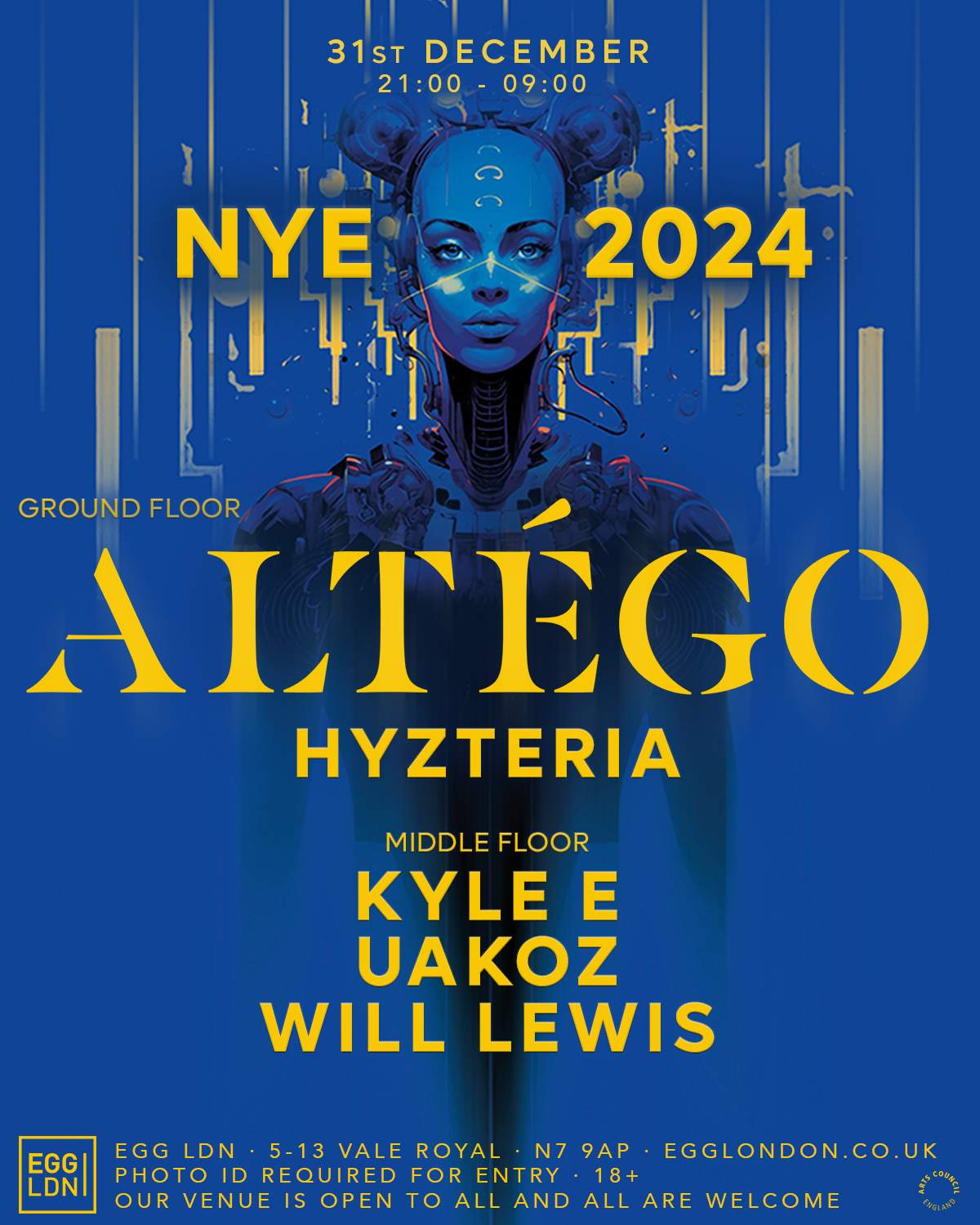 Egg LDN Pres: NYE 2024 - Altégo, Kyle E, Uakoz, Hyzteria & Will Lewis - Página trasera