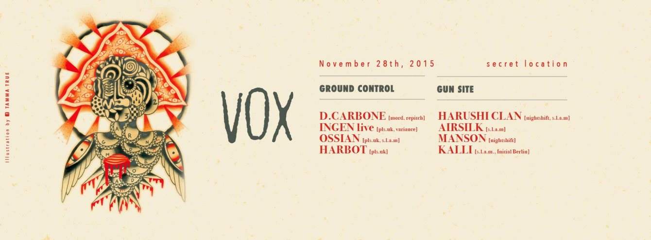 VOX - With: D. Carbone, Ingen (Live), Ossian, Harbot + Harushi Clan, Manson, Airsilk, Kalli - フライヤー表