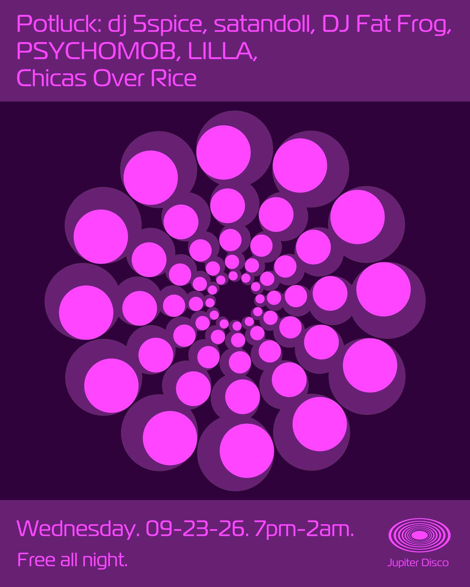 Potluck: dj 5spice, satandoll, DJ Fat Frog, PSYCHOMOB, LILLA, chicas ...