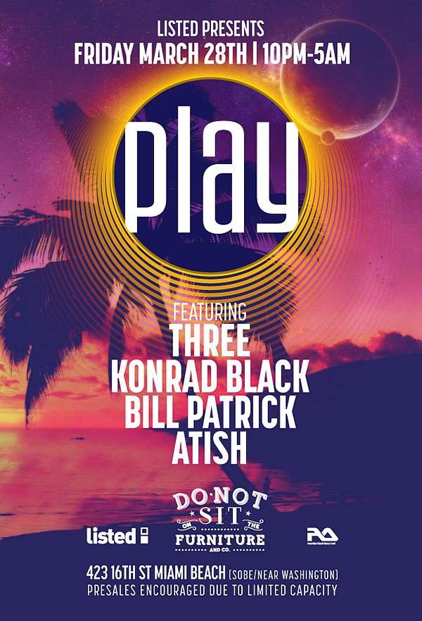 Listed presents Play in Miami with Konrad Black, Bill Patrick, Three & Atish - Página frontal