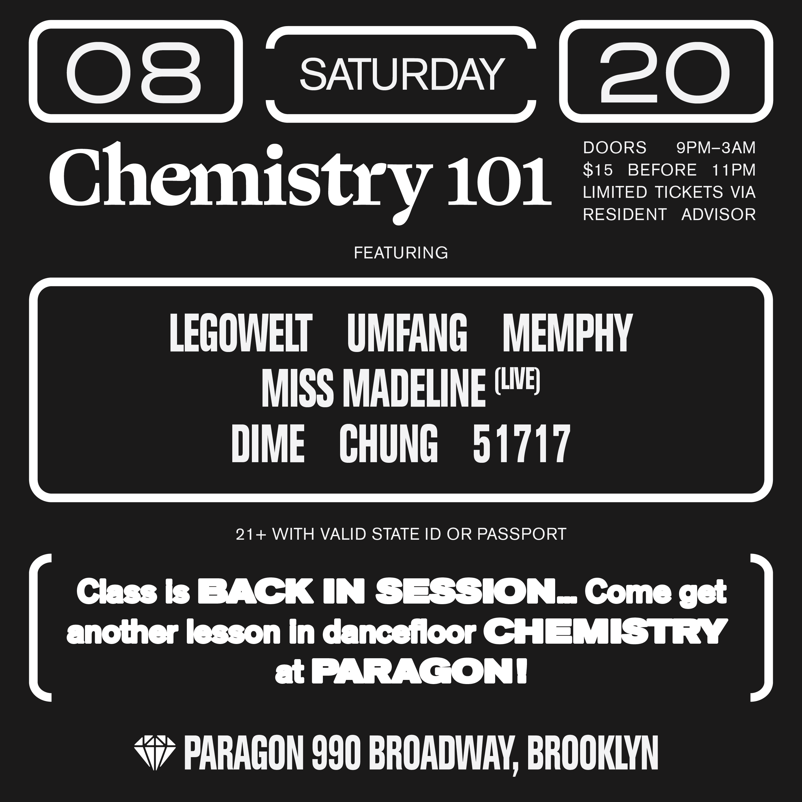 Chemistry 101 with Legowelt Umfang Memphy Miss Madeline (Live) Dime Chung 51717 - Flyer front
