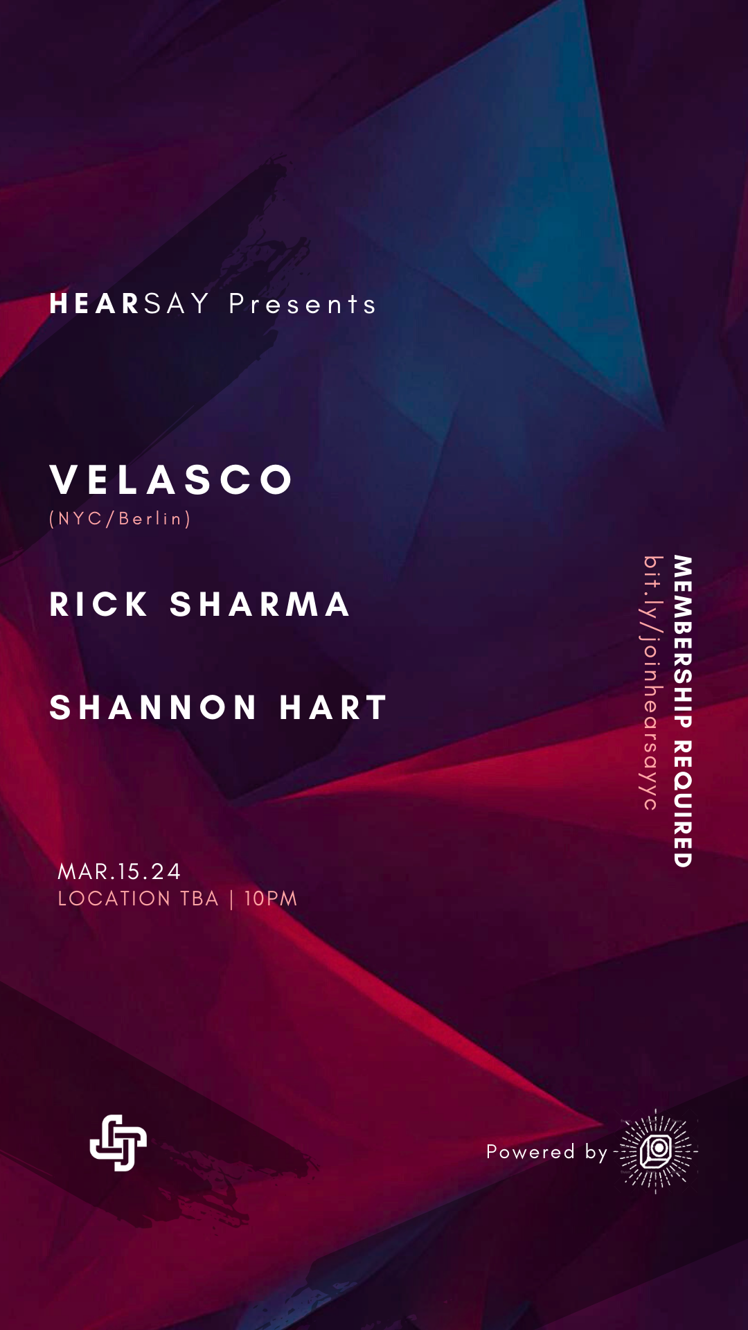 Hearsay presents: Velasco (NYC/Berlin), Rick Sharma, Shannon Hart - Página frontal