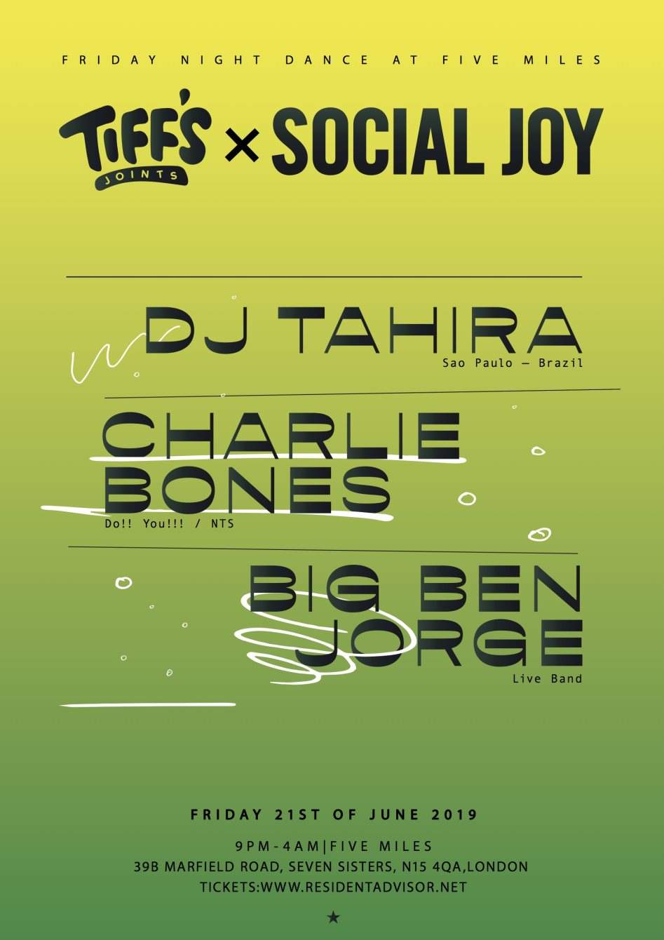 Tiff's Joints & Social Joy: DJ Tahira, Charlie Bones and Big Ben Jorge - フライヤー表