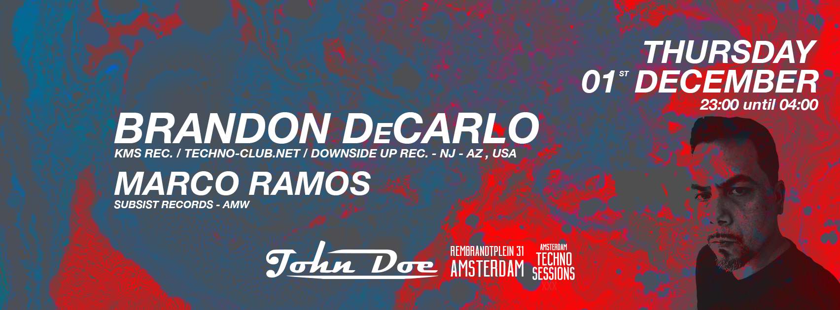 Amsterdam Techno Sessions with Brandon DeCarlo (KMS Rec./Downside up Rec.) US - フライヤー裏