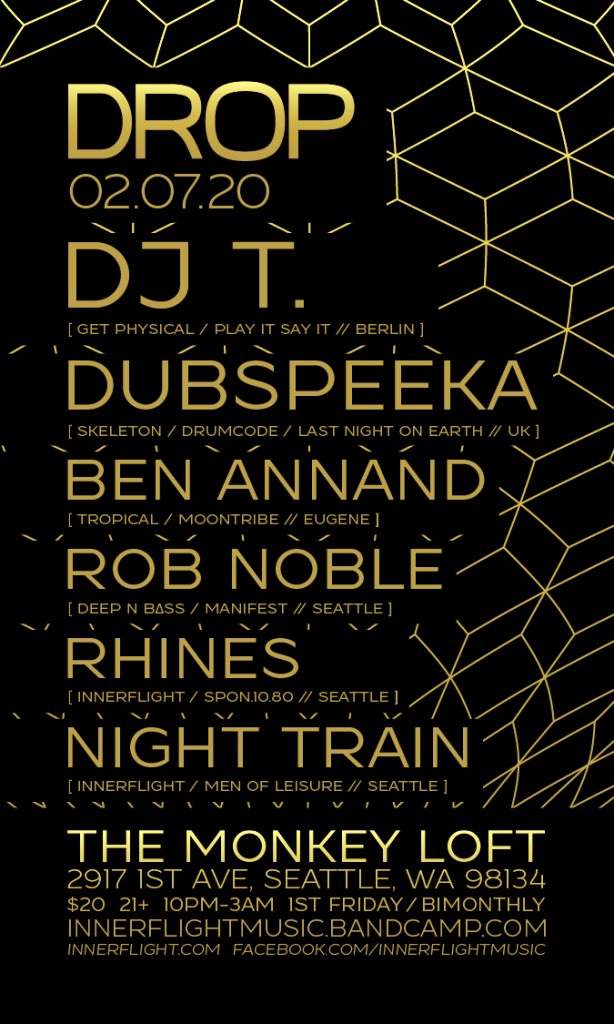 Innerflight » Drop: DJ T. › Dubspeeka › Ben Annand › Rob Noble › Rhines › Night Train - フライヤー裏