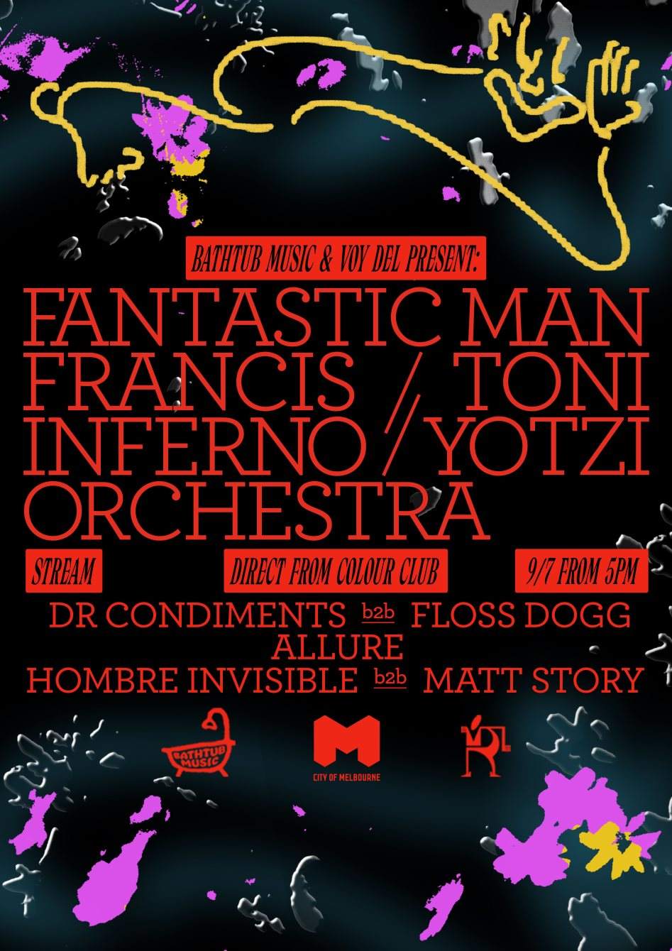 Bathtub Music X Voy Del Live Stream Feat: Fantastic Man, Francis Inferno Orchestra, Toni Yotzi - Página trasera