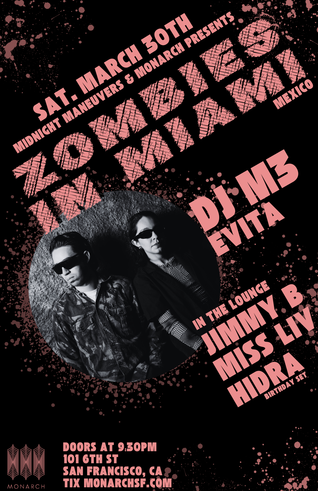 ZOMBIES IN MIAMI (MEXICO) - DJ M3 - Evita -Jimmy B - MISS LIV - HIDRA - フライヤー表
