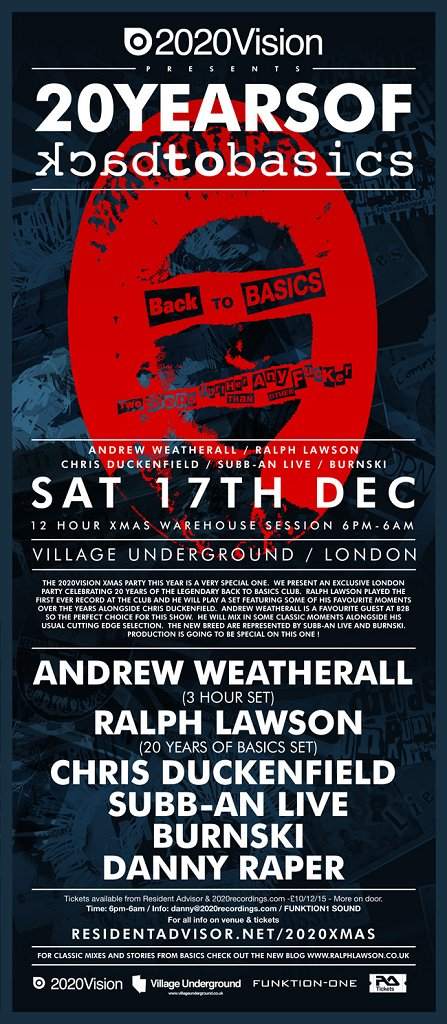 2020vision presents 20 Years Of Backtobasics with Andrew Weatherall, Ralph Lawson, Subb-an - Página frontal