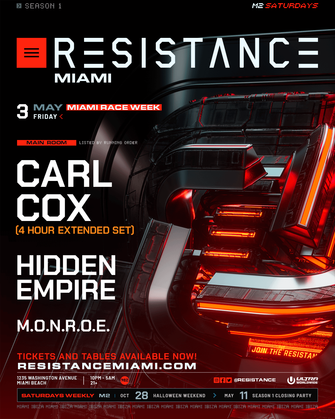 Carl Cox, Hidden Empire, m.O.N.R.O.E - Resistance Miami Race Week - Página frontal