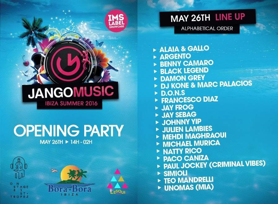 Jango Music Opening Ibiza 2016 - フライヤー表