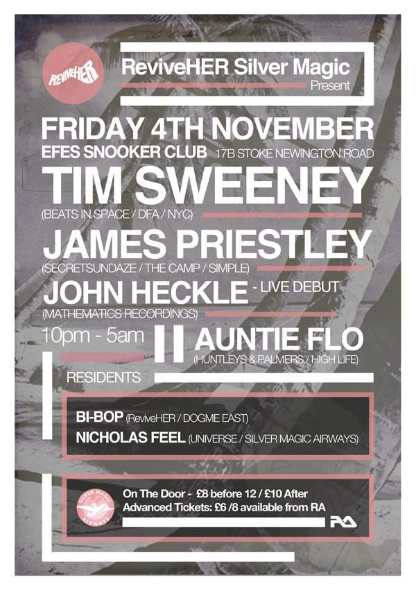 ReviveHER Silver Magic present Tim Sweeney, James Priestley, John Heckle Live and Auntie Flo - Página frontal