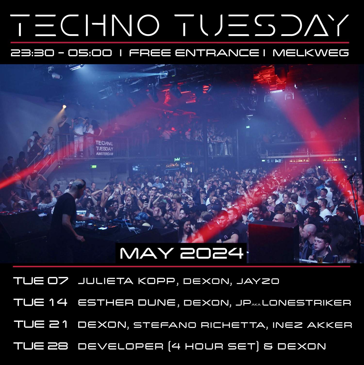 Techno Tuesday Amsterdam, Developer (4 hour set) & Dexon - フライヤー裏