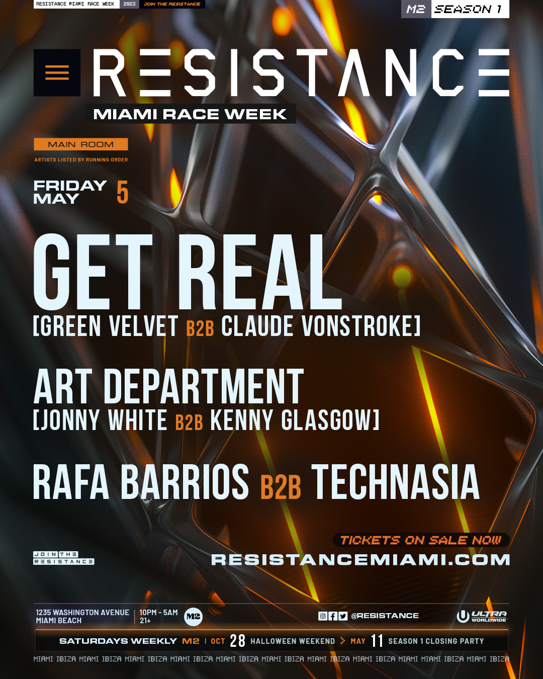 Resistance Miami Race Week: Get Real, Art Department, Rafa Barrios - フライヤー表