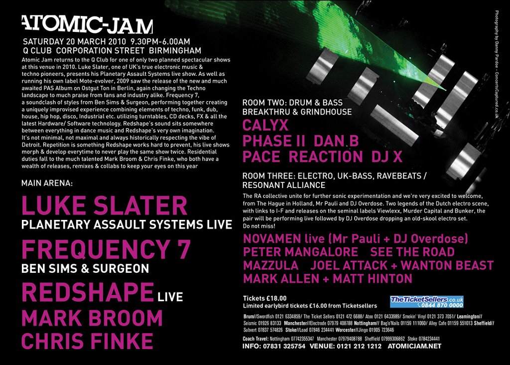 Atomic Jam with Luke Slater Planetary Assault Systems Live, Frequency 7, Redshape & Loads More - Página trasera