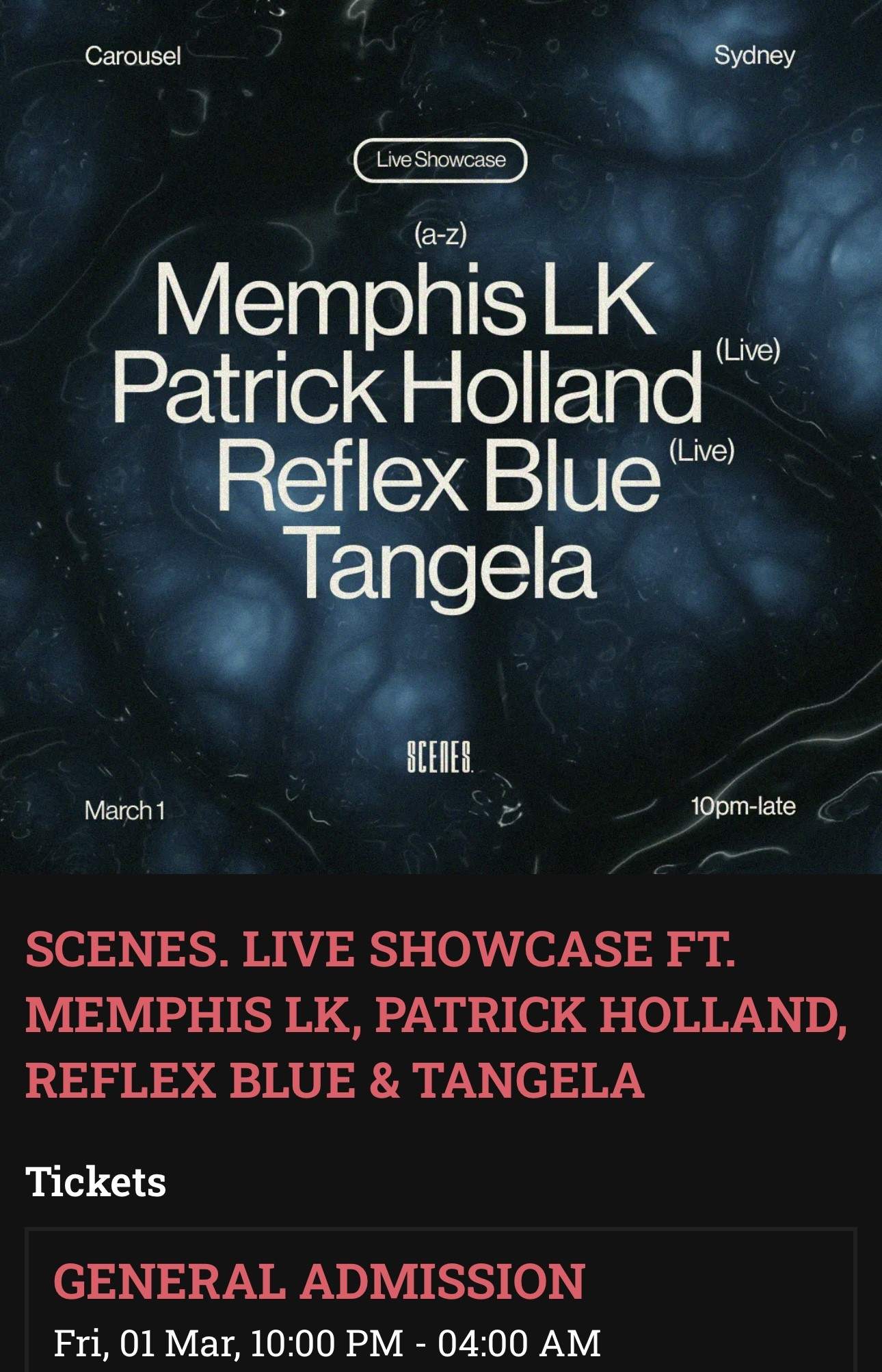 SCENES. LIVE SHOWCASE FT. Memphis LK, Patrick Holland, Reflex Blue & Tangela - Página frontal
