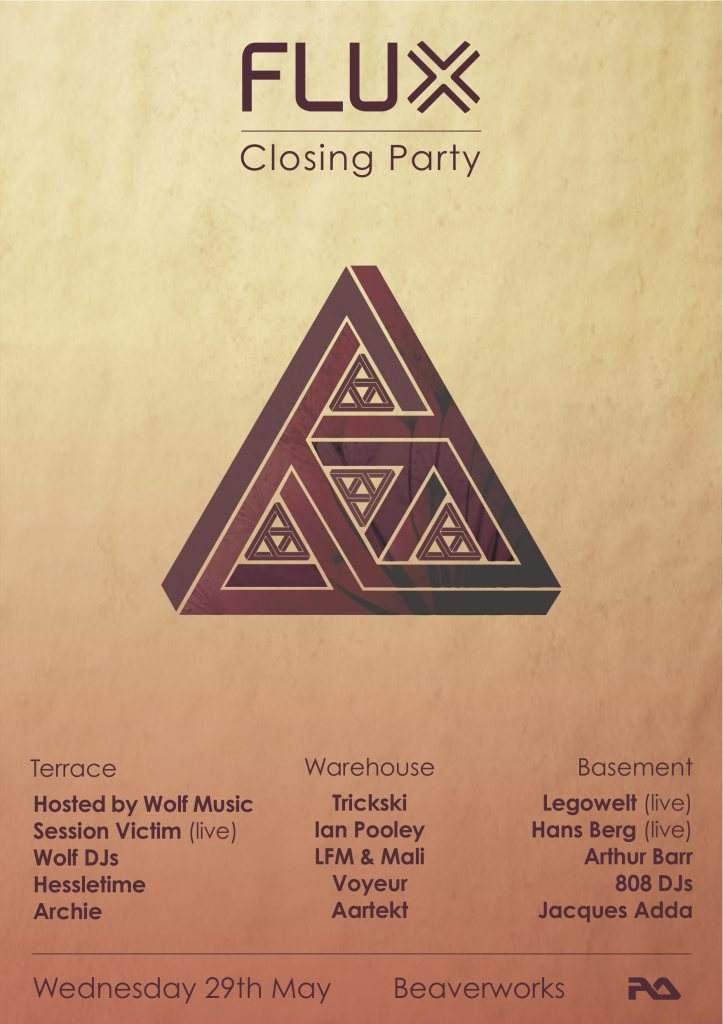 Flux Closing Party with Legowelt (Live), Session Victim (Live), Trickski & Ian Pooley - フライヤー表