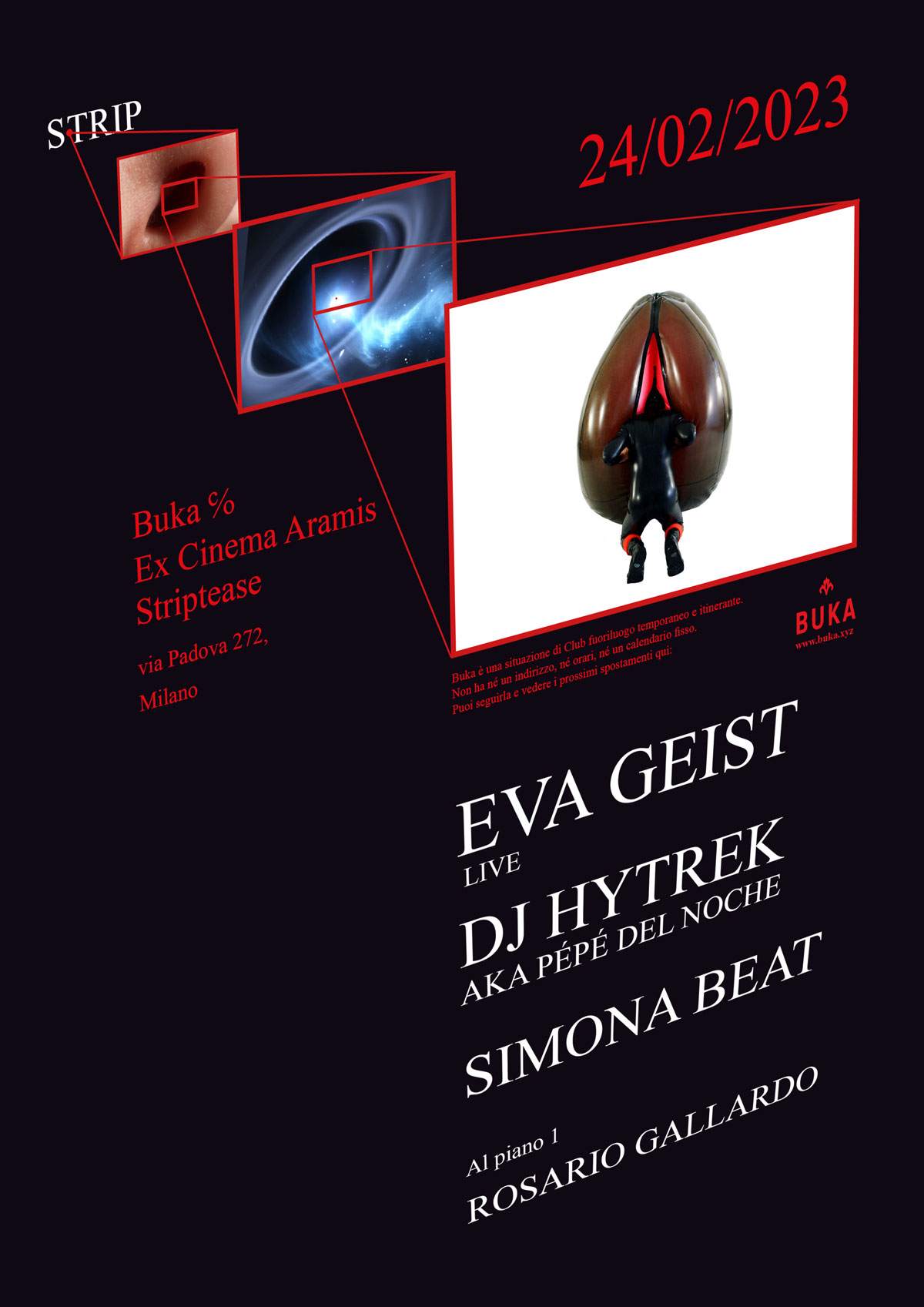 BUKA - Strip: Eva Geist (live), Dj Hytrek a.k.a Pépé Del Noche, Simona Beat, Rosario Gallardo - Página frontal