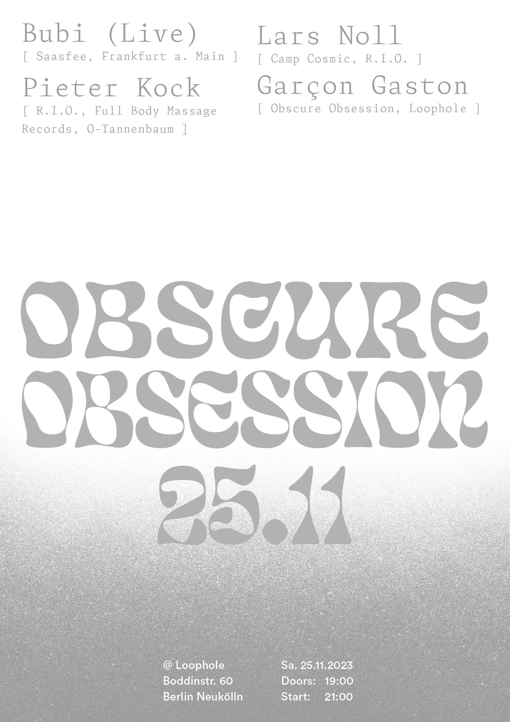 Obscure Obsession with Bubi (live), Pieter Kock, Lars Noll & Garçon Gaston - Página frontal