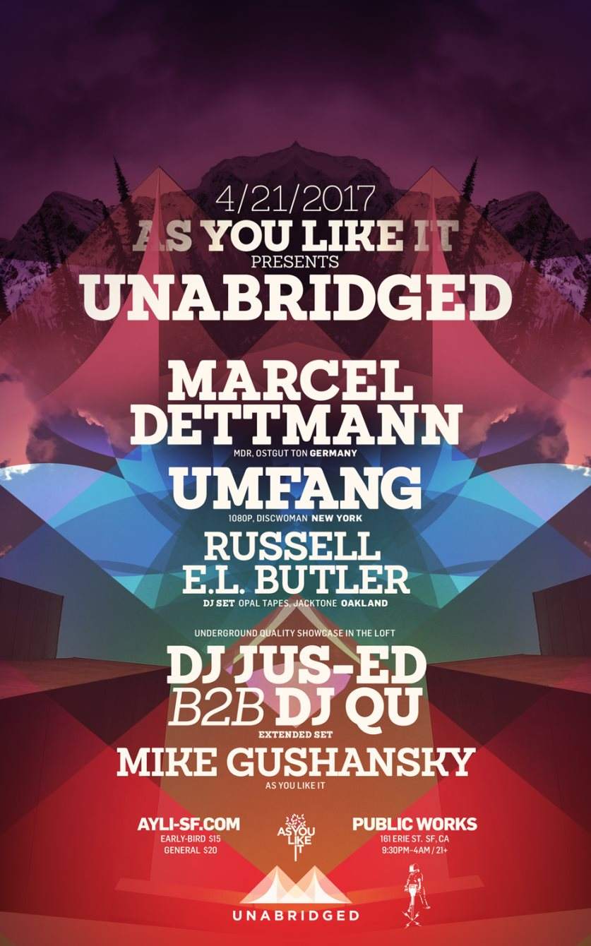 As You Like It presents Unabridged with Marcel Dettmann, Umfang and DJ QU b2b DJ Jus-Ed - Página frontal