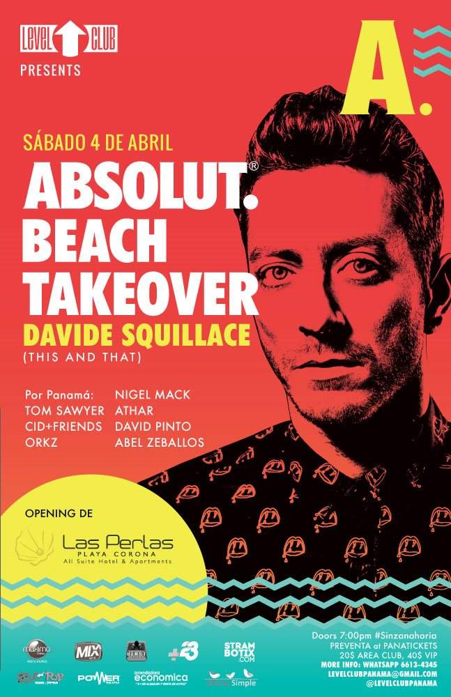 Davide Squillace Absolut Beach Takeover, Hotel Las Perlas, Playa Corona - Flyer front