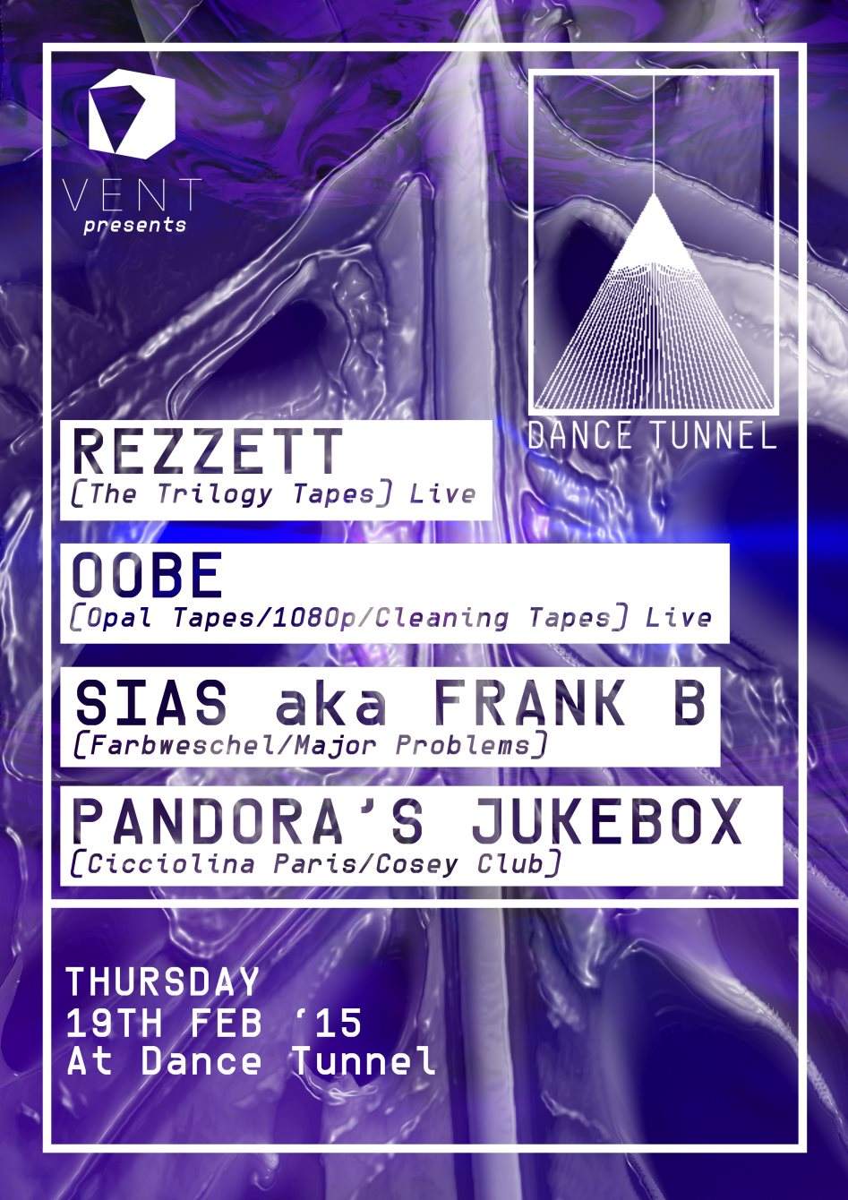 Vent presents: Rezzett [Live] Oobe [Live] Sias aka Frank B, Pandora's Jukebox - フライヤー表